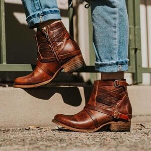 Freebird by Steven- Sammi Boot Multi Strap Leather Ankle Booties Cognac, Size 7